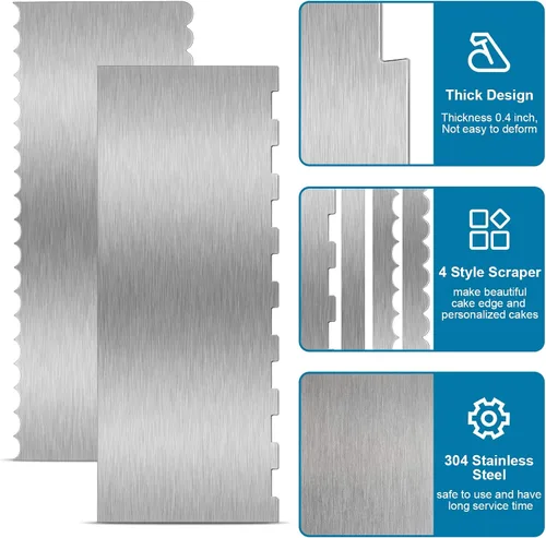 Vista 4 de 2 Pieces Stainless Steel Cake Scraper Large Double Sided Patterned Edge Stripe Edge Smoother Scraper Cake Decorating Comb Pastry Cutter for Mousse