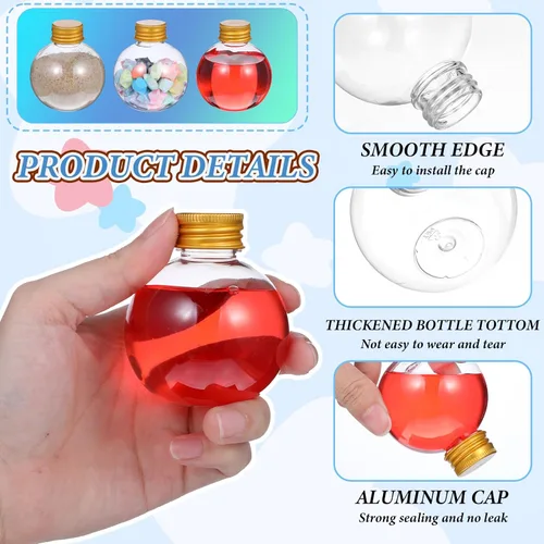 Vista 3 de 24 botellas esféricas de arte de arena de 3.4 onzas, botellas redondas con 5 embudos (dorado con tapa de aluminio) para manualidades de cumpleaños