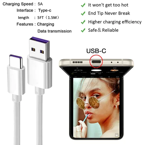 Vista 2 de Cable de carga USB C para Samsung Galaxy Z Flip 7, 7FE, 6, 5, 4, 3, 2, Samsung Galaxy Z Fold 7, 6, 5, 4, 3, 2 teléfonos Android, cable de carga