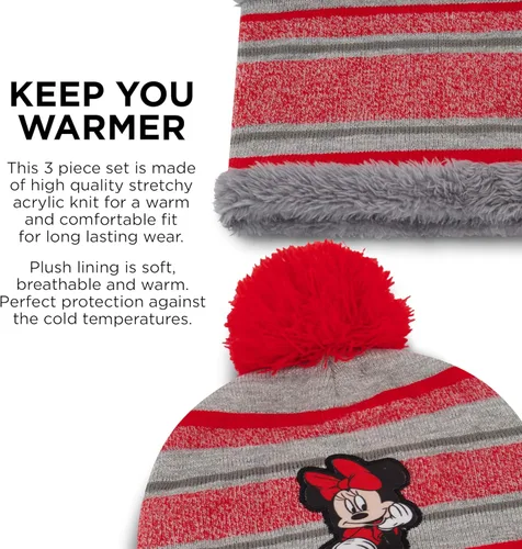 Vista 3 de Disney Conjunto de sombrero, bufanda y manoplas de invierno para niñas pequeñas, 2-4 o gorro de Minnie Mouse, bufandas y guantes para niños 4-7