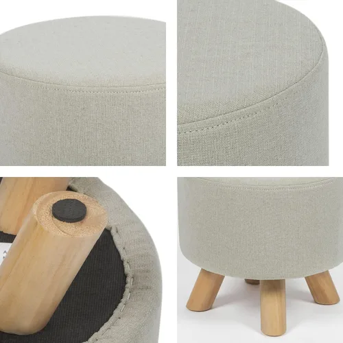 Vista 7 de Asense Taburete otomano redondo pequeño con reposapiés acolchado de tela con patas de madera (beige gris, tela)