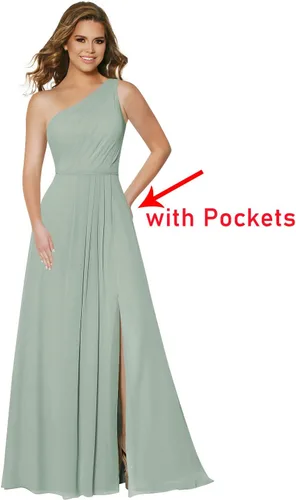 Vista 2 de DFDG Vestido de dama de honor de un hombro para mujer, largo con abertura, fruncido, de gasa, formal, con bolsillos, CM070