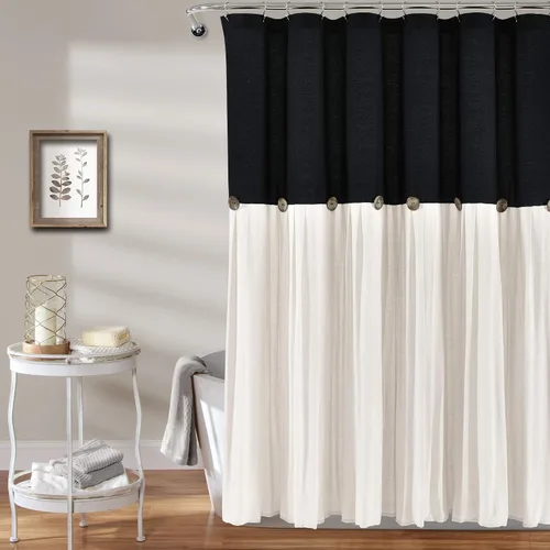 Lush Decor Cortina de ducha de lino con botones, 72 pulgadas de ancho x 72 pulgadas de largo, color negro y blanco hueso, cortina de ducha negra,