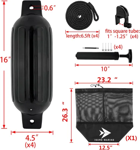 Vista 2 de ISURE MARINE Paquete de 4 fundas para parachoques de barcos (negro, varios tamaños)