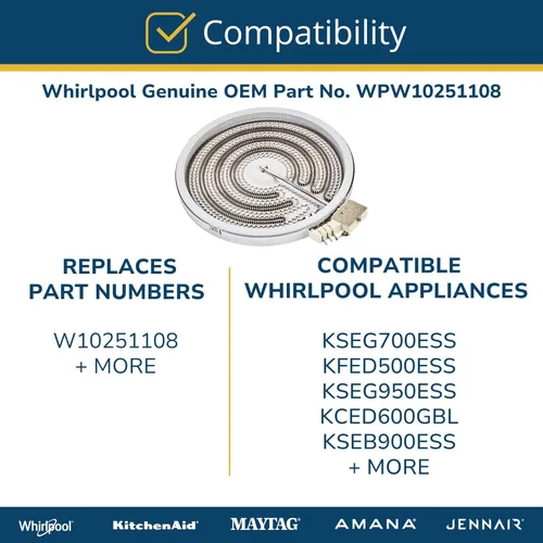 Vista 3 de Whirlpool W10251108 Elemento de superficie de rango, delantero derecho (Reemplaza W10251108) Pieza de fabricante de equipos originales (OEM)