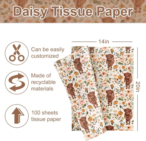 Vista 2 de AnyDesign 100 hojas de papel de seda bohemio floral de vaca de las tierras altas, papel de envoltura de flores de vaca para granja, hogar, fiesta