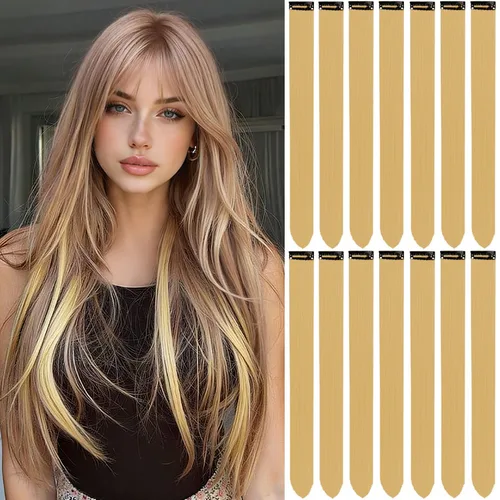 Vista 24 de 20 extensiones de cabello de colores, coloridas extensiones de cabello sintético con clip, extensiones de cabello sintético largo y lacio