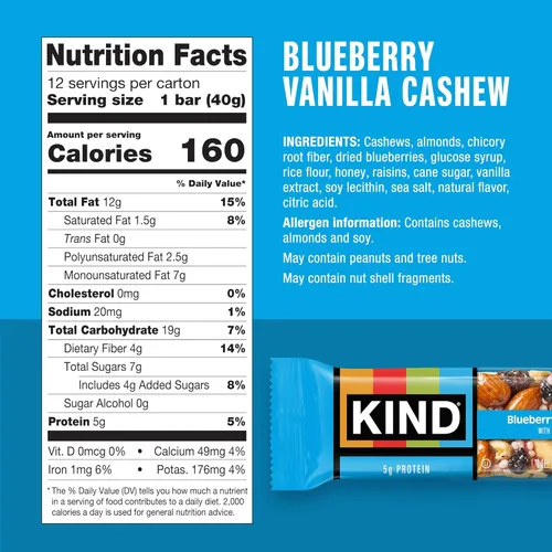 Vista 2 de KIND - Barras saludables de arándano, vainilla y anacardos, con 0.18 onzas de proteína, libres de gluten, de 1.4 onzas, 12