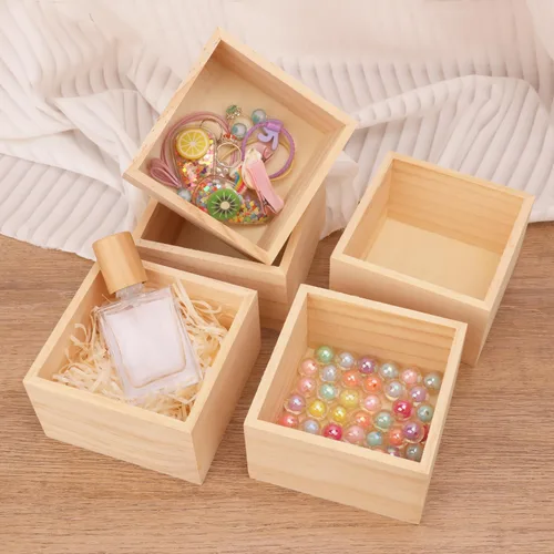 Vista 6 de Paquete de 24 cajas de madera, cajas de almacenamiento pequeñas cuadradas sin terminar de 4 x 4 pulgadas, caja de madera rústica, cajas pequeñas