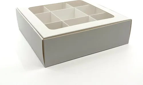 Vista 8 de 10 cajas de golosinas con ventana y divisores 9 compartimentos X-SMALL 5 x 5 x 1.57 pulgadas Cajas de dulces vacías para regalar, caja