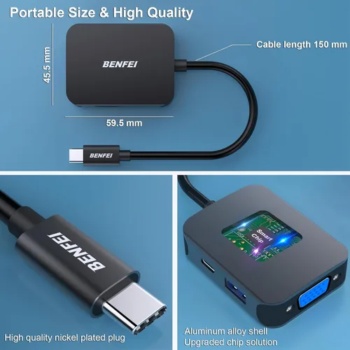 Vista 6 de BENFEI USB C HUB 4 en 1, adaptador USB tipo C a HDMI VGA, adaptador USB C a USB, entrega de energía USB tipo C, compatible con iPhone 15 Pro/Max