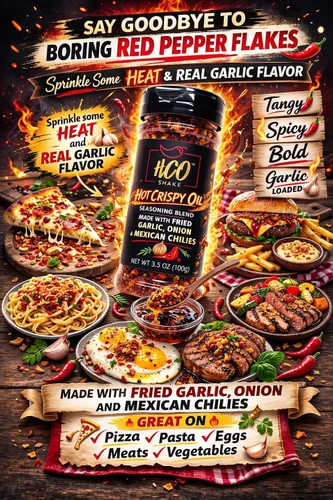 Vista 4 de Batido HCO de Hot Crispy Oil ¡Di adiós a los aburridos copos de pimiento rojo! Una mezcla de condimentos multiusos de ajo crujiente, cebolla