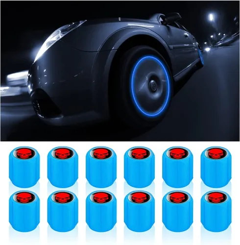 Vista 7 de 12 tapones fluorescentes para válvulas de neumáticos, resistentes a la corrosión, para automóvil, con forma de calavera iluminada luminosa que