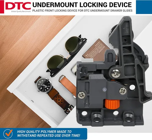 Vista 3 de Par de dispositivos DTC de bloqueo frontal de plástico para cajones empotrados, color gris con tornillos incluidos