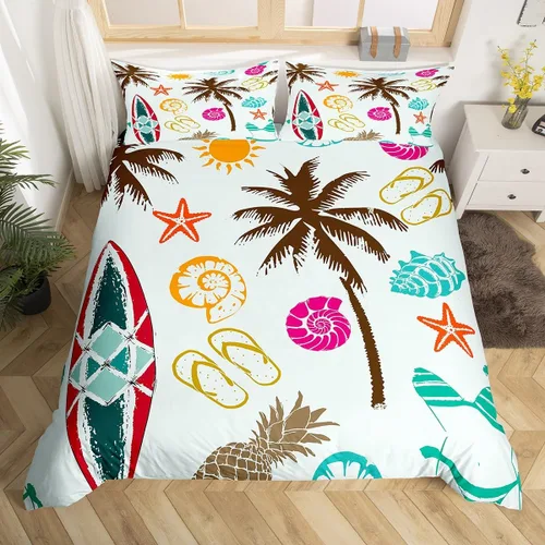 Vista 9 de Juego de funda de edredón de tablas de surf de verano para niños, tamaño matrimonial, juego de ropa de cama de palmeras tropicales de 3 piezas