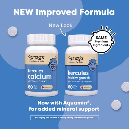 Vista 4 de Suplemento de calcio Renzo's Hércules con vitamina D3 y K2 - Vitaminas para el crecimiento de los niños, edades 2+, soluble, 60 pastillas de sabor