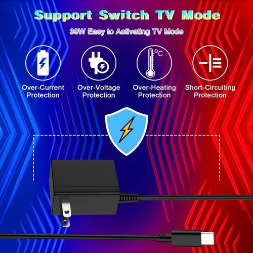 Vista 6 de Cargador USB-C de 39 W compatible con Nintendo Switch, OLED, Lite, Dock, Switch 2 y Pro Controller 15V2.6A compatible con modo TV