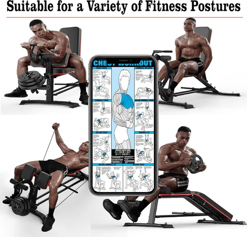 Vista 4 de Banco de pesas utilitario con extensión de pierna, banco ajustable multiposición para entrenamiento de fuerza, ejercicio con mancuernas