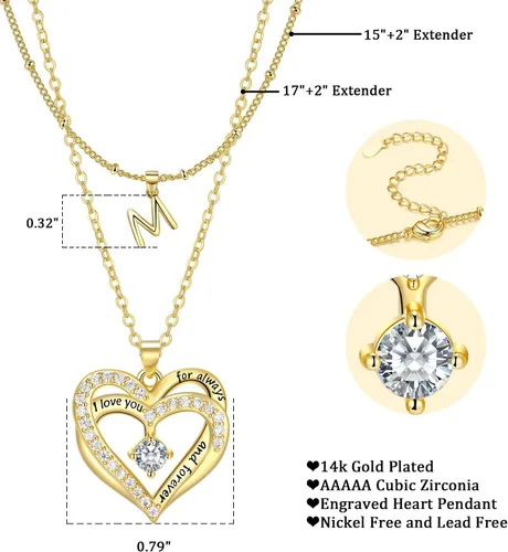 Vista 7 de Collares de corazón en capas para mujer, chapados en oro de 14 quilates, circonita cúbica con dije de corazón con inicial A-Z, collares de cadena