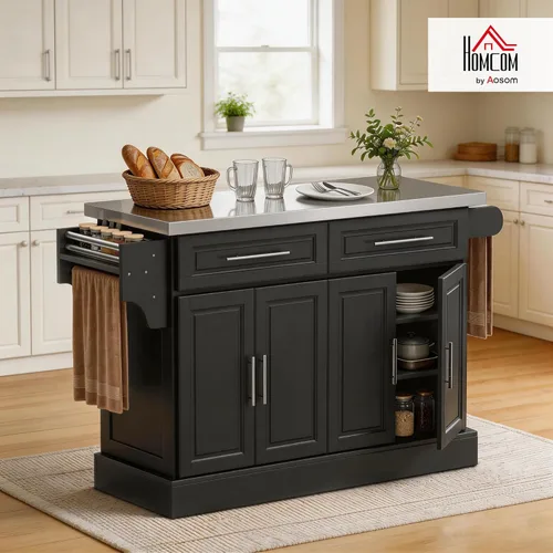 Vista 2 de HomCom Isla para cocina. Gabinete moderno con ruedas, con parte superior de acero inoxidable., Negro
