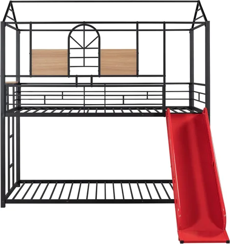 Vista 20 de Harper & Bright Designs Litera de metal para niños, cama individual sobre individual, litera baja con forma de casa, techo, escalera, barandilla
