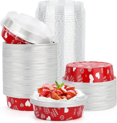 Vista 66 de Beasea Paquete de 20 Moldes para Cheesecake con Tapas, 8 Oz, 4 Pulgadas Moldes Redondos de Papel de Aluminio para Tartas, Contenedor para Muffins