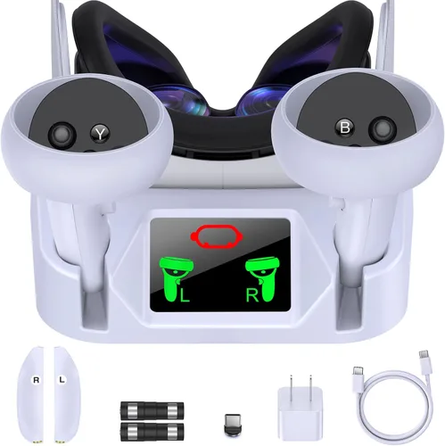 Base de carga VR para Meta Quest 2Oculus Quest 2, estación de carga VR para auriculares y controlador VR, base de carga con 2 baterías recargables,