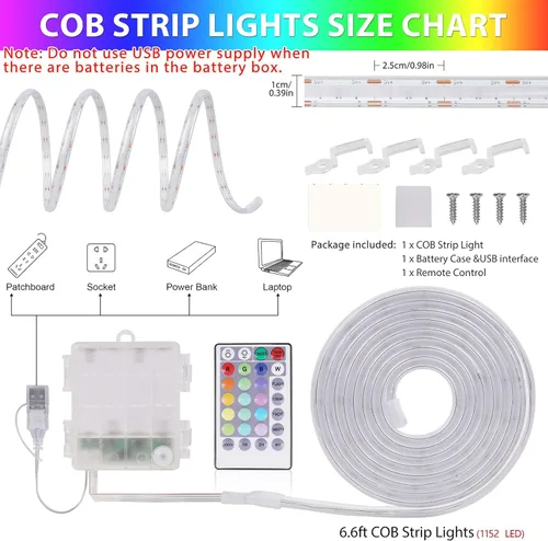 Vista 6 de OMIKA Tira de luces LED COB RGB de 6.6 pies, funciona con pilas, control remoto, regulable, cambio de color, tira de luces LED de batería, cortables