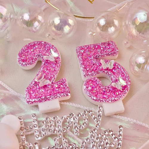 Vista 9 de Velas de cumpleaños, velas de números para pasteles de cumpleaños con mariposa, velas de cumpleaños rosas, velas de pastel de 3.2 pulgadas