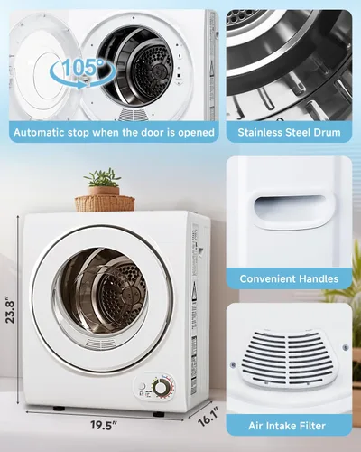Vista 5 de Feelfunn Secadora Portátil de 110V – Secadora de Ropa Compacta de 850W con 4 Modos de Secado Automático, Tambor de Acero Inoxidable, Perilla