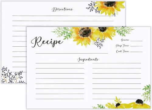 Outshine Tarjetas de recetas prémium de 4 x 6 pulgadas, diseño de girasol (juego de 50) | Cartulina gruesa de doble cara sin manchas | Tarjetas de