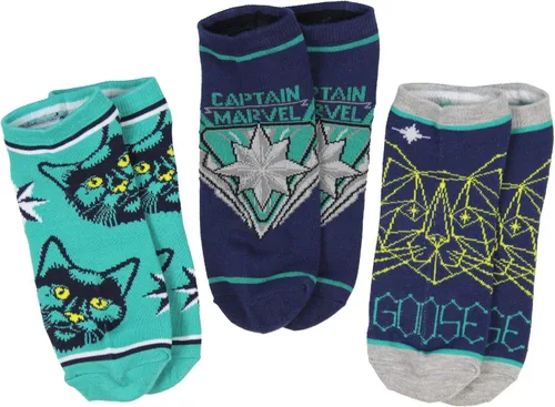 Bioworld Captain Marvel Adult Goose The Cat Kree Colors 3 Pack Mix and Match No Show Ankle Socks