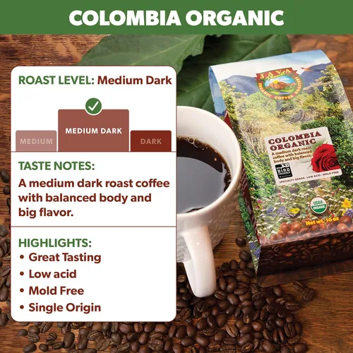 Vista 3 de Granos de café orgánico colombiano USDA, fair trade, bajo ácido, tueste oscuro medio, especialidad Arabica gourmet grado A, Java Planet
