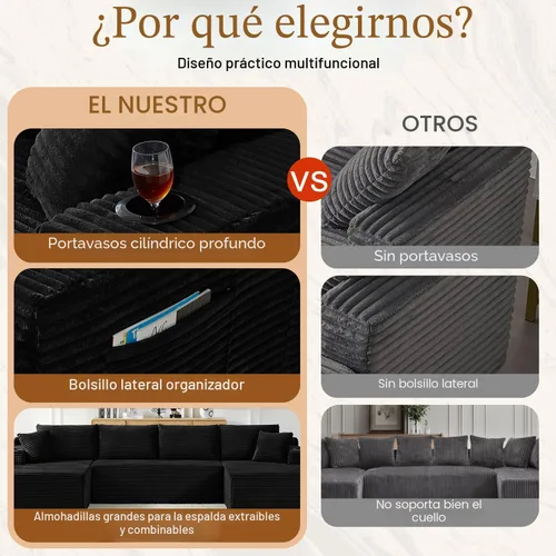Vista 5 de Sofá cama modular de 124 pulgadas, sofá de nube sin hueso para sala de estar, sofá de 5 asientos en forma de U con 2 bolsillos de almacenamiento y 2