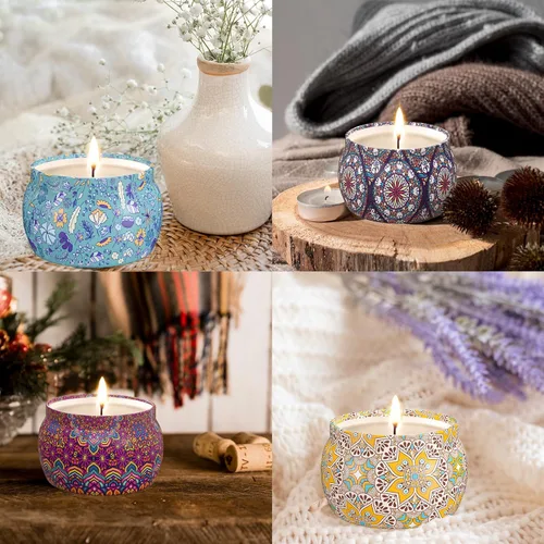 Vista 7 de TranquilBliss Juego de velas perfumadas, paquete de 4 velas de cera de soja, tiempo de combustión de 120 horas, regalo ideal para mujeres, regalos