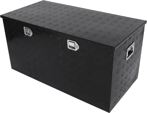 Vista 21 de confote Caja de herramientas chapada en rayas de aluminio resistente de 30 pulgadas, caja de herramientas para camioneta, caravana, remolque, Negro