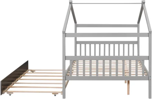 Vista 47 de Merax Cama de madera de tamaño individual con dos cajones, marco de cama de madera con techo para niños, adolescentes, niños o niñas, gris