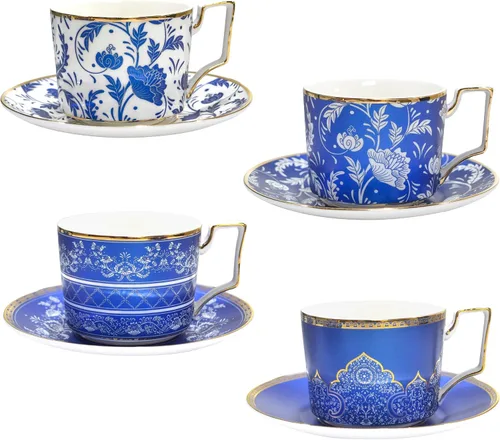 ACMLIFE Juego de tazas de té y platillos de porcelana china, juego de 4, 6.8 oz Tazas de té azules y blancas de 4 unidades, con borde dorado y caja