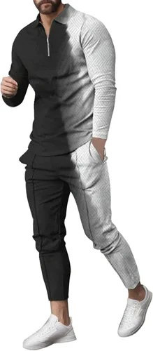 Conjunto deportivo de 2 piezas para hombre, con cremallera, camiseta polo y pantalones a rayas, informal, para gimnasio, atletismo, ropa deportiva