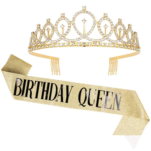 Vista 14 de CAVETEE - Juego de corona y banda de reina de cumpleaños para mujer, banda y tiara de diamantes de imitación, decoraciones de cumpleaños negras Negro