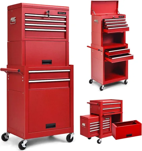 Vista 14 de Goplus Baúl de herramientas con ruedas, organizador de herramientas de 6 cajones con parte superior desmontable, ruedas con bloqueo universal, forro