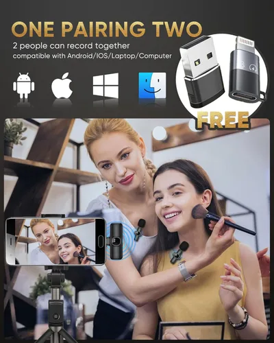 Vista 3 de Micrófono de solapa inalámbrico para iPhone/teléfono Android/computadora portátil/PC, IUMAKEVP micrófono con clip ajustable de 360° con distancia