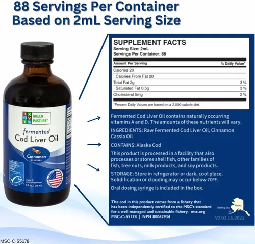 Vista 3 de Green Pasture - Aceite de hígado de bacalao fermentado líquido - 6 fl. oz. - Canela