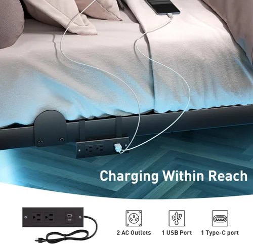 Vista 6 de qimamo Marco de cama flotante de 14 pulgadas tamaño matrimonial con luces LED inteligentes y estación de carga, marco de cama moderno de metal