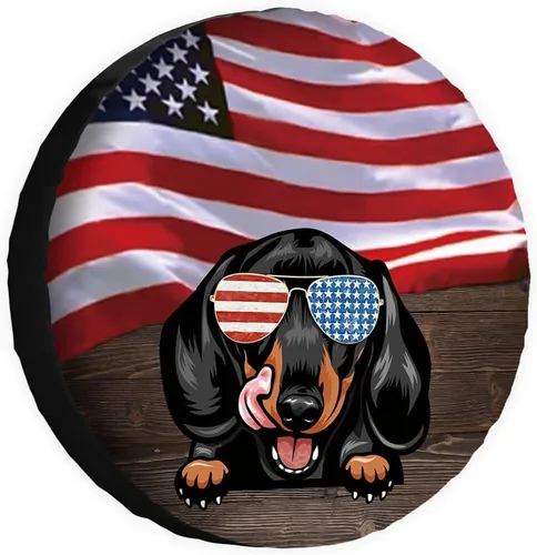Vista 18 de Cubierta de neumático de repuesto para perro salchicha con gafas de sol con bandera de Estados Unidos, fundas protectoras de ruedas a prueba