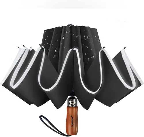 Vista 8 de Lejorain Golf Large Inverted Umbrella - Black Big Windproof Heavy Duty Upside Down 46/50/54 Inch Compact Reverse Car Automatic Folding Reflective
