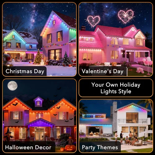 Vista 3 de Luces permanentes para exteriores, 100 pies con 60 luces LED RGB+IC para casa, 75 modos de escena, luces de alero impermeables IP68 compatibles