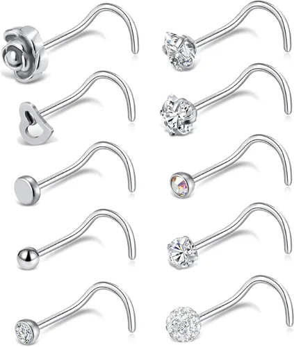 Tornito 20G - 10 piezas de acero inoxidable para la nariz, anillos de circonita cúbica, piercing para la nariz, joyería para hombres y mujeres, tono