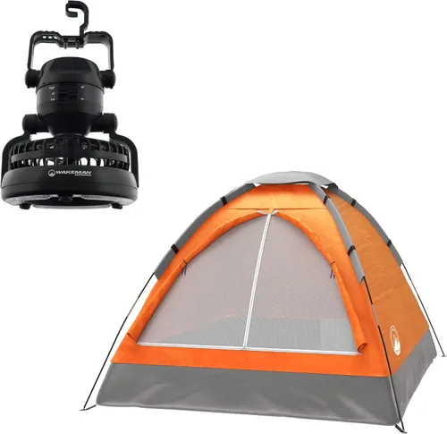 Wakeman Tents 2-Person Tent with Removable Rain Fly and Carry Bag – Comes with Camping Lantern with Fan – Weather-Resistant Camping Accessories by