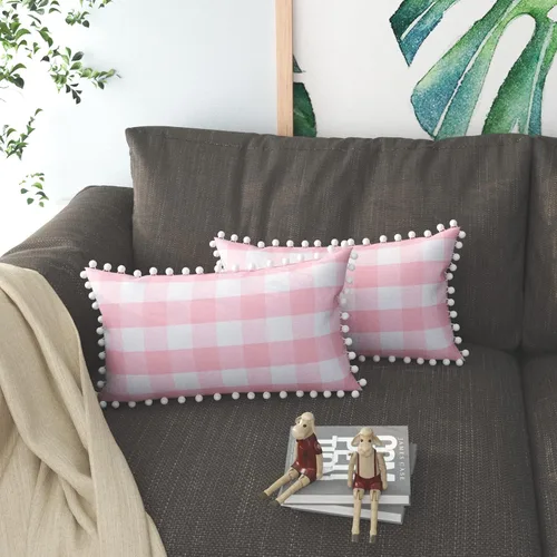 Vista 12 de 2 fundas de almohada a cuadros de búfalo a cuadros decorativos con pompones, 2 fundas de cojín retro estilo rural lumbar para sofá, automóvil, 12 x